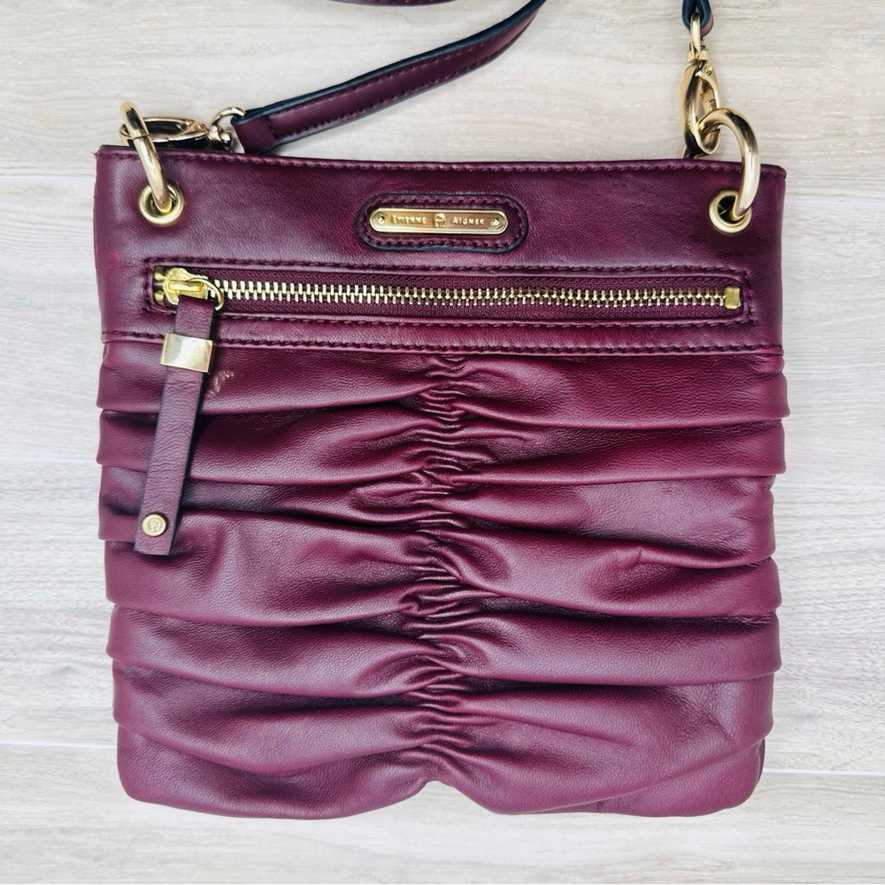 Etienne Aigner Classic Maroon Rouched Pleated Leather Crossbody Bag Y2K